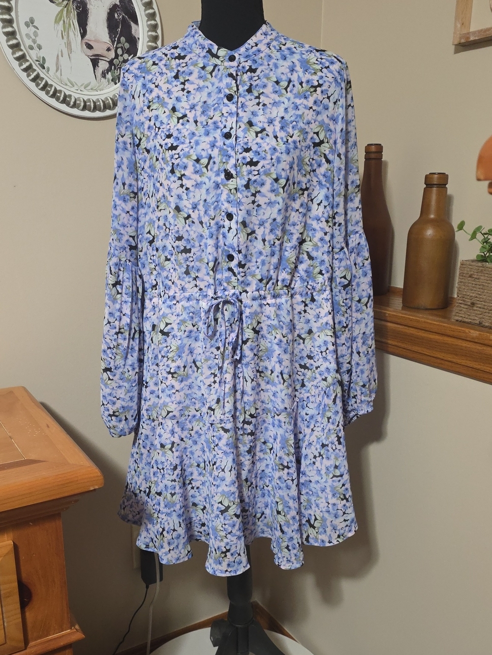 Floral Long Sleeve Drawstring Waist Dress - Blue